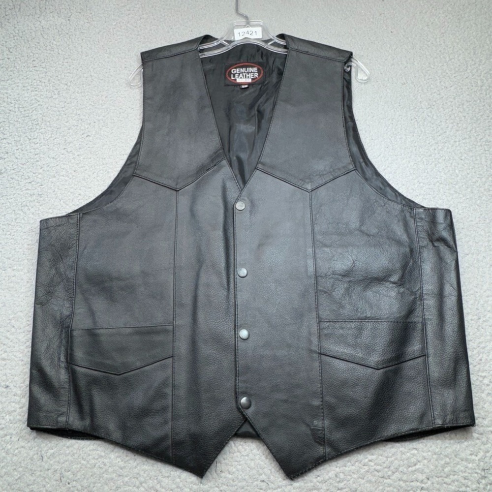 Vintage Genuine Leather Biker Vest Mens Large 50 Black Snap Pocket Western Yoke